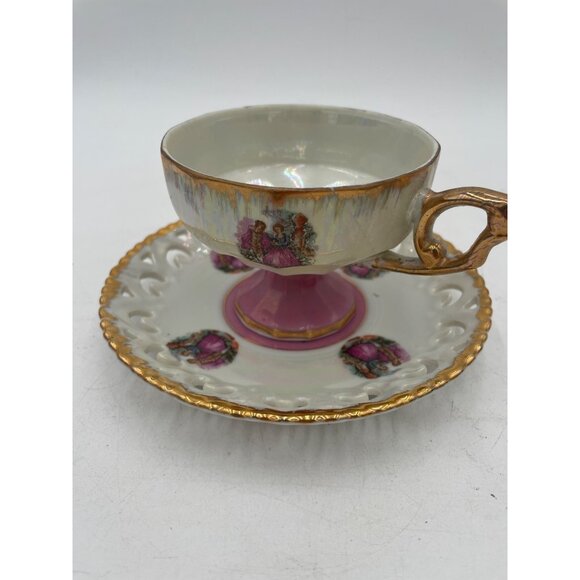 Vintage Porcelain Teacup & Saucer Set With Gold Trim & Romantic Scene Design - Picture 3 of 8